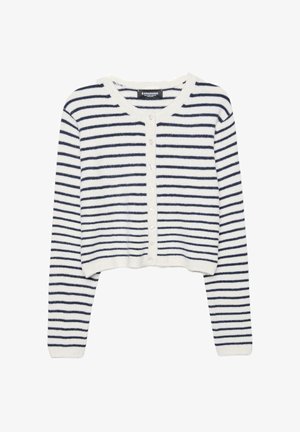 Kort cardigan i blødt strikket stof med vandrette navy- og hvide striber, rund halsudskæring og knaplukning foran med seks knapper.