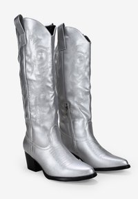 Botas de vaquero plateadas con punta afilada, textura metálica suave y costuras decorativas. Cuentan con cremalleras laterales y un tacón apilado.