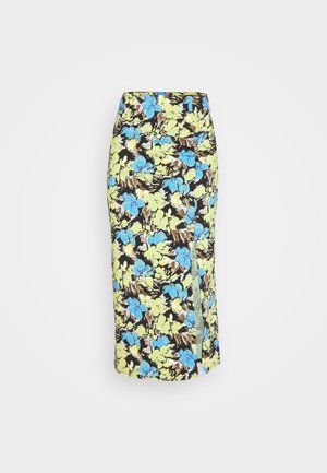 Virágmintás, midi szoknya magas hasítékkal, fekete háttérrel, kék és sárga virágokkal. Simább, könnyű anyagból készült.