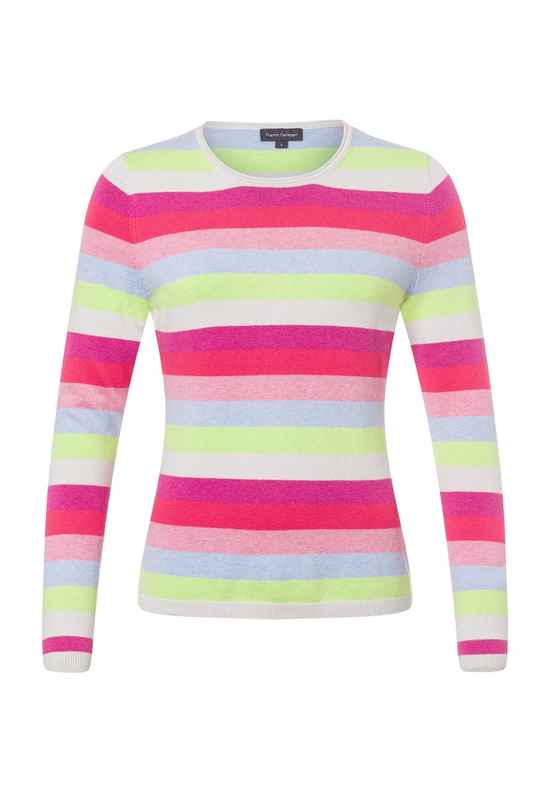 Pull en maille douce à col rond et manches longues, orné de rayures horizontales dans des tons de rose, violet, vert et bleu, avec des poignets côtelés.