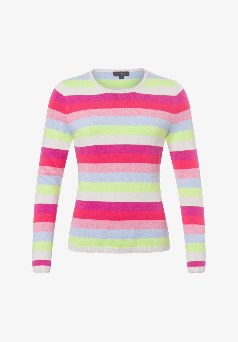 Pull en maille douce à col rond et manches longues, orné de rayures horizontales dans des tons de rose, violet, vert et bleu, avec des poignets côtelés.