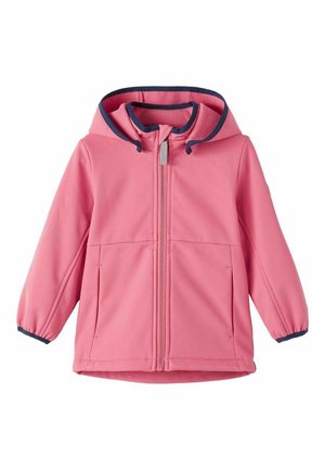Lyserød børnejakke med hætte, frontlynlås, to sidelommer og marineblå kant på hættens kant og ærmekanter.