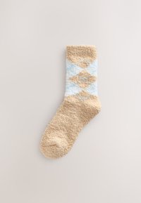 Beige and light blue fuzzy sock featuring a diamond pattern, soft texture, and a solid beige cuff. Designed for comfort and warmth.