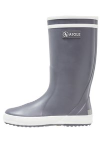 Botte de pluie en caoutchouc grise avec une semelle blanche et une bande d'accent en haut, présentant un logo sur le côté et une texture antidérapante sur la semelle.