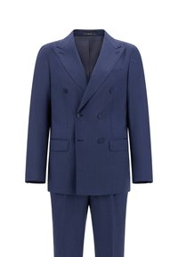 Completo doppiopetto blu navy con revers a punta, due tasche frontali e bottoni neri. Tessuto liscio con un motivo sottile.