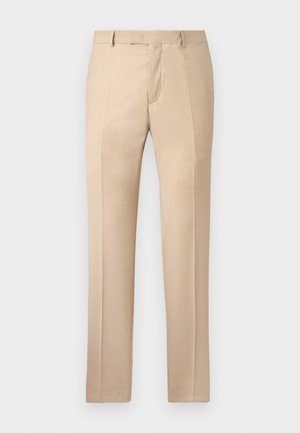 Pantalones beige ajustados con una textura suave, frente plano y piernas rectas. Presentan trabillas para el cinturón y una cremallera oculta.