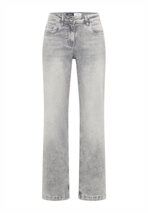 Ljusgrå denimjeans med rak benlinje, femficksdesign och knappstängning i midjan. Subtilt blekt mönster över hela tyget.
