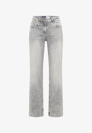 Lichtgrijze spijkerbroek van denim met een rechte pijpvorm, vijf zakken en een knoopsluiting in de taille. Subtiele vervaagde textuur overal.