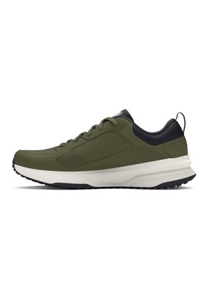 Men’s athletic shoes in dark olive green with a black heel. Features textured upper, cushioned white midsole, and rubber outsole for traction.