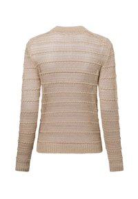 Beige gestrickter Pullover mit einem strukturierten Streifenmuster, langen Ärmeln und einem gerippten Kragen und Saum. Die Rückansicht zeigt ein offenes Gewebemuster.