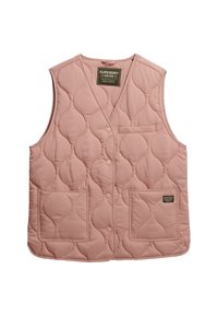 Gilet rembourré rose avec un motif matelassé, doté d'une poche avant, de deux grandes poches avant et d'une étiquette au col. Sans manches.