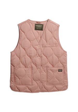 Padded pink vest with a quilted pattern, featuring a front pocket, two large front pockets, and a label at the collar. No sleeves.