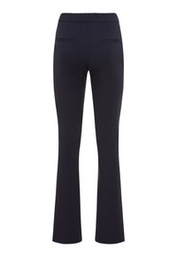 Marineblauwe flare-pantalons gemaakt van een gladde, rekbare stof, met een hoge taille en twee achterzakken met een discret ontwerp.