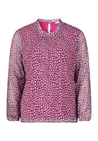 Lange mouwen blouse van doorschijnende stof, met een roze en paarse bubbelpatroon, gefronst decolleté en verborgen rits aan de achterkant.