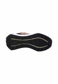 Suola di scarpa in gomma nera con profonde scanalature per una migliore aderenza, caratterizzata da un'unita bianca e un accento marrone vicino alla parte superiore. Finitura testurizzata.