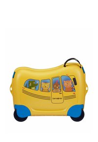 Valise à roulettes jaune et bleue en forme de bus avec des animaux de dessin animé (crocodile, tigre, poulet, chat) visibles à travers les fenêtres.