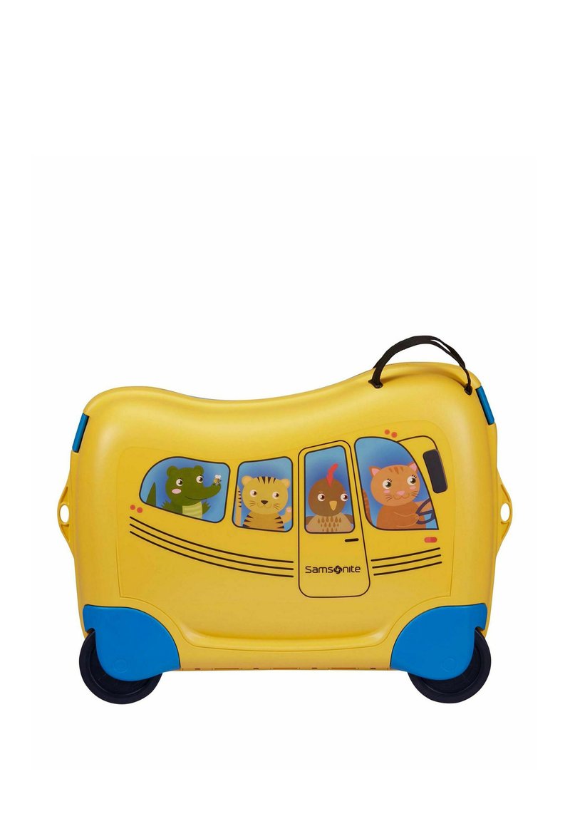 Valise à roulettes jaune et bleue en forme de bus avec des animaux de dessin animé (crocodile, tigre, poulet, chat) visibles à travers les fenêtres.