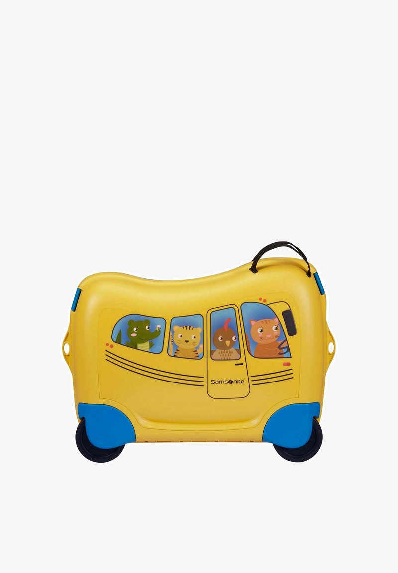 Valise à roulettes jaune et bleue en forme de bus avec des animaux de dessin animé (crocodile, tigre, poulet, chat) visibles à travers les fenêtres.