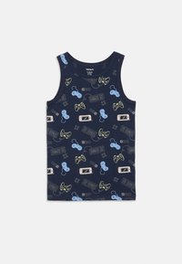 Mornarsko modra brezrokavna srajca z vzorci svetlo modrih in rumenih igralnih kontrolerjev, prenosnih konzol in računalniških tipkovnic.