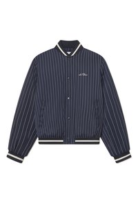 Navy blue, pinstripe bomber jacket with a ribbed collar, cuffs, and hem; features front snap buttons and side pockets.