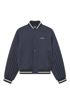 Navy blue, pinstripe bomber jacket with a ribbed collar, cuffs, and hem; features front snap buttons and side pockets.