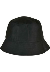 Černý bucket hat vyrobený z odolné tkaniny, s pevným vrcholem a širokým, dolů skloněným okrajem se šitými dekoracemi.