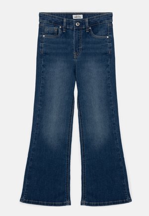 Jeans en denim bleu foncé évasés avec un design à cinq poches, des coutures contrastées, une fermeture à bouton à l'avant et de larges ouvertures de jambes.