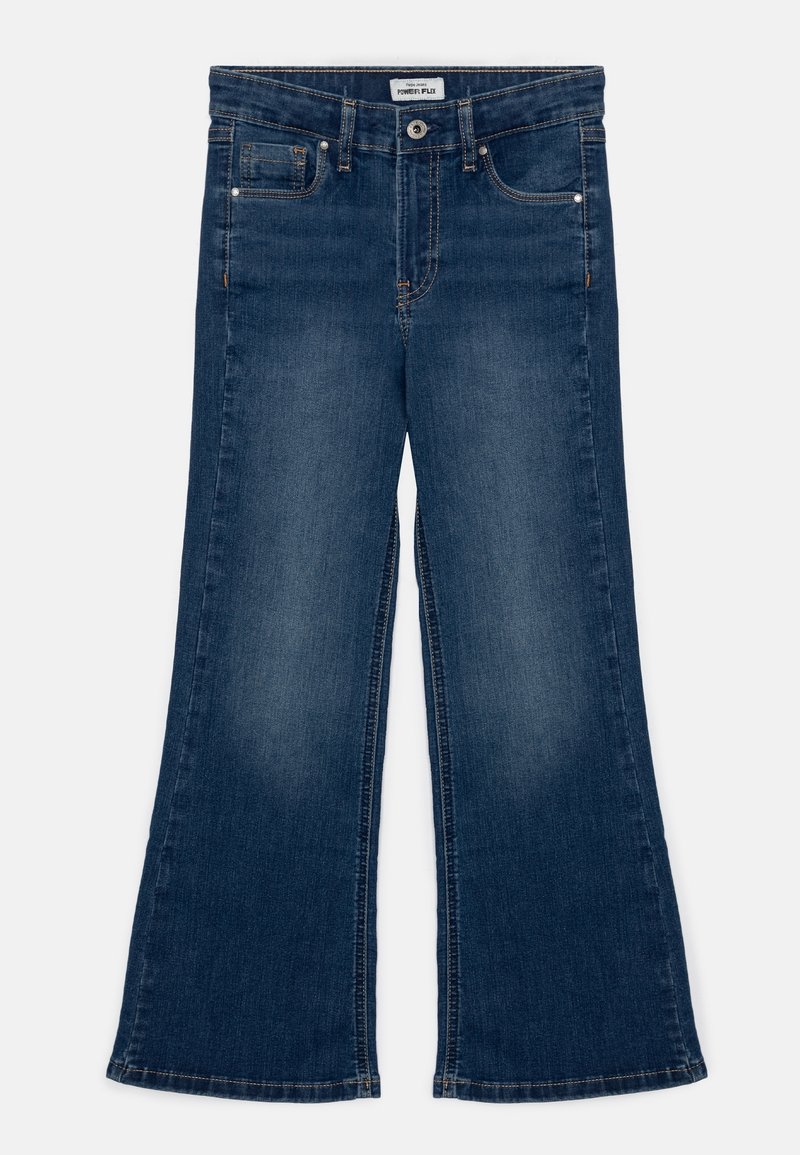 Tmavě modré džíny s rozšířenými nohavicemi, pěti kapsami, kontrastním šitím, předním zapínáním na knoflík a širokými otvory nohavic.