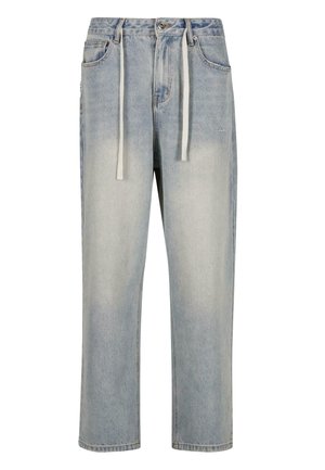 Light blue denim jeans with a relaxed fit, featuring a drawstring waist, four pockets, and a slight fade throughout.