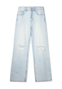 Vaaleansiniset farkut, joissa on löysä istuvuus, korkeavyötärö, kaksi etutaskua ja kuluneita repeämiä polvien läheisyydessä. Puuvilladenim-kangas.