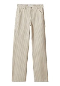 Pruhované béžové kalhoty s rovný střih, předními kapsami a zipem se zapínáním na knoflík, vyrobené z odolného materiálu.