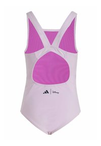 Ružová jednodielna plavky s krížovými ramienkami, ktoré majú fialovú sieťovú časť a čierne logá Adidas a Disney na páse.