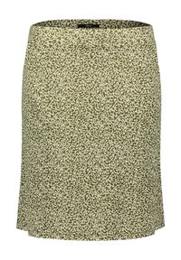 Jupe verte à motif, avec un design mi-long, ornée d'un imprimé blanc en forme de feuille et d'une ceinture plate. Fabriquée en tissu léger.