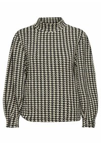 Pull à col roulé à manches longues en motif pied-de-poule noir et crème, tissu texturé, coupe décontractée, poignets froncés et ourlet incurvé.