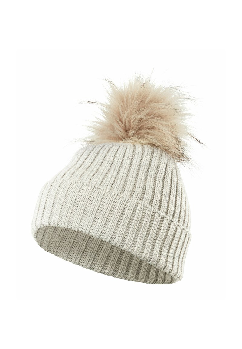 Knit beanie in light beige with ribbed texture and a large faux fur pom-pom on top. The design is snug-fitting and casual.