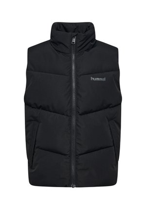 Zwarte gewatteerde mouwloze bodywarmer met hoge kraag, rits aan de voorkant, zijzakken en "hummel" logo op de borst.