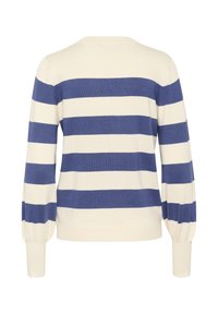 Sweter w paski z naprzemiennymi niebieskimi i kremowymi poziomymi liniami, długimi rękawami z dopasowanym mankietem oraz klasycznym okrągłym dekoltem.