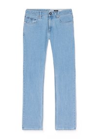 Jeans in denim azzurro chiaro con design a gamba dritta, cinque tasche, chiusura frontale con bottone e dettagli di cucitura minimi.
