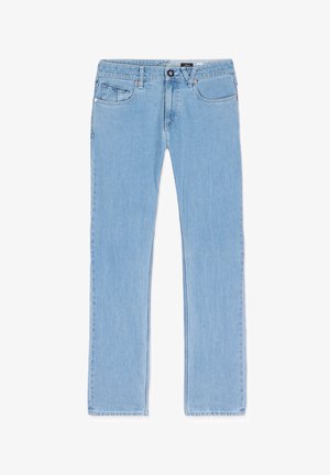 Light blue denim jeans with straight leg design, five pockets, front button closure, and minimal stitching details.