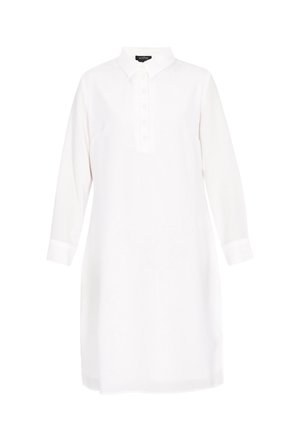 Wit overhemd met een button-down kraag, lange mouwen en een rechte snit. Heeft vijf knopen aan de voorkant en een gladde stoftextuur.