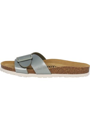 Enkelt grå læder slide sandal med justerbar spænde, korkfodseng og hvid gummisål, sidevisning.