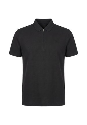 Schwarzes Polohemd mit kurzen Ärmeln, einem Kragen und einem kurzen Frontreißverschluss, mit einem kleinen gestickten Logo auf der linken Brust.