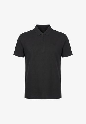 Schwarzes Polohemd mit kurzen Ärmeln, einem Kragen und einem kurzen Frontreißverschluss, mit einem kleinen gestickten Logo auf der linken Brust.