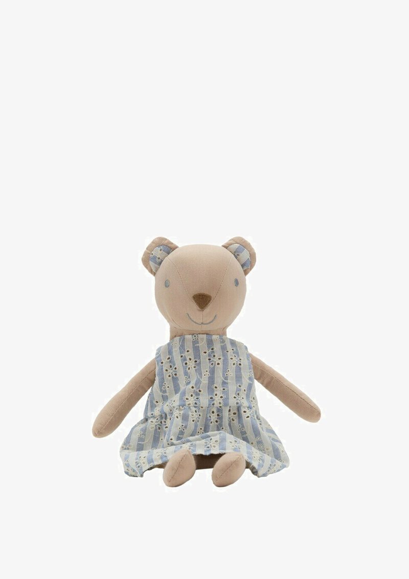 Orsetto marrone morbido che indossa un vestito a righe blu e bianco con dettagli floreali in pizzo, seduto con braccia e gambe distese.