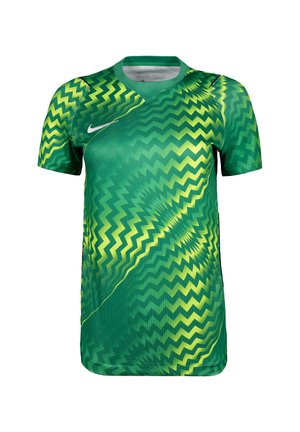 Zielona sportowa koszulka z krótkimi rękawami, żółtymi wzorami w zygzak i białym logo Nike na piersi, prezentowana na białym tle.