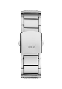 Silberne Edelstahl-Uhr mit einem glatten, rechteckigen Verschluss, der ein graviertes Logo und eine strukturierte Oberfläche auf den Armbandgliedern aufweist.