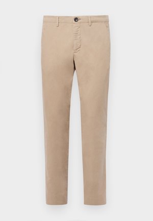 Beige Baumwollhosen mit geradem Schnitt, ausgestattet mit einem Reißverschluss, Knopfverschluss und Seitentaschen. Glatte Textur und taillierte Passform.