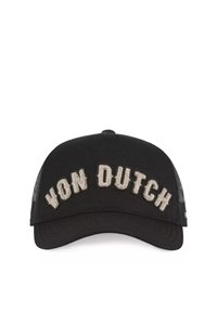 Casquette noire avec une visière incurvée, arborant un texte brodé gris "VON DUTCH" à l'avant. Matériau en maille sur les côtés et à l'arrière.