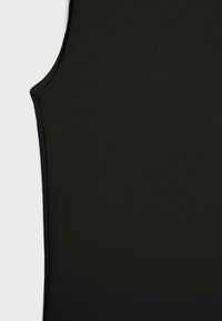 Black tank top made of ribbed fabric, featuring a sleeveless design with a smooth texture and curved neckline.
