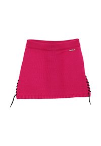 Gonna rosa lavorata a maglia con vita a costine e dettagli neri lacciato sui lati. Texture liscia e forma a A.